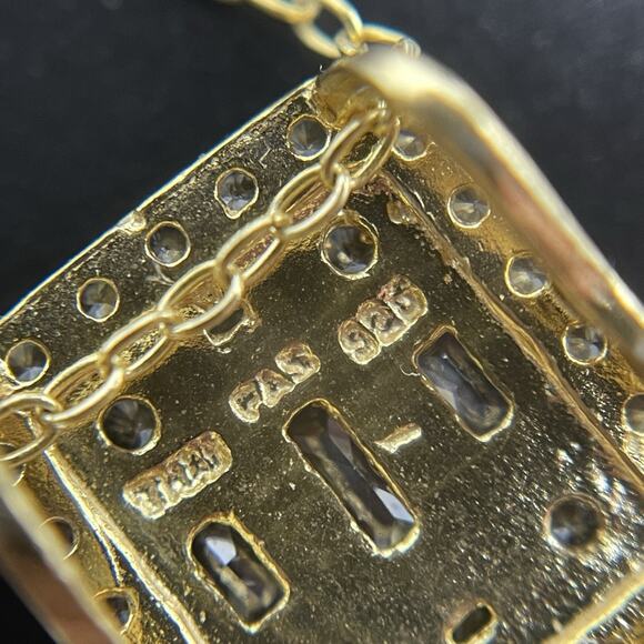 Sterling Silver Gold Vermeil Necklace CZ Sparkle Cluster Rectangle Pendant - Picture 8 of 9